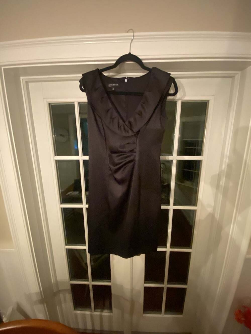 Jones New York Black Satin Ruffle V-Neck Dress